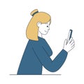 Woman holding smartphone linear color illustration. Adult lady looking at mobile phone display, typing message contour