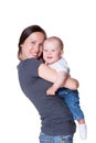 Woman holding smiley little boy