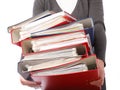 Woman holding stack of folders - Isolated