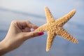 Woman holding starfish at the beach Royalty Free Stock Photo