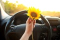 Woman holding sunflower flowers in car