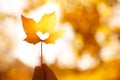 Woman holding sunlit leaf with heart shaped hole, closeup. Autumn season