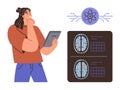 Woman Analyzing Brain Scans on Tablet with Neural Network and Brain Imaging Interface Royalty Free Stock Photo