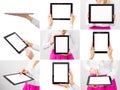 Woman holding tablet computer, collage of different photos Royalty Free Stock Photo
