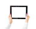 Woman holding tablet computer horizontally Royalty Free Stock Photo