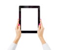 Woman holding tablet computer vertically Royalty Free Stock Photo