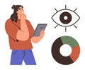 Woman analyzing data on tablet with pie chart and eye icon representing analysis and observation Royalty Free Stock Photo