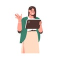 Woman holding tablet PC during online video conference call. Businesswoman, happy business girl greeting smb at virtual