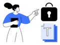 Woman pointing at secure document files with padlock icon symbolizing data protection and privacy Royalty Free Stock Photo