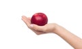 Woman holding tasty organic red apple isolated on white Royalty Free Stock Photo