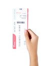 Woman holding ticket on white background, closeup. Travel agency concept