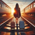 Woman holding travel suitcase walking on the train rails at station platform ready to travel at sunset Royalty Free Stock Photo