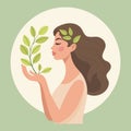 Woman holding tree branch, mental health, self care, gardening or environmental concept. Illustration. Royalty Free Stock Photo