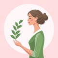 Woman holding tree branch, mental health, self care, gardening or environmental concept. Illustration. Royalty Free Stock Photo