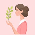 Woman holding tree branch, mental health, self care, gardening or environmental concept. Illustration. Royalty Free Stock Photo