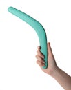 Woman holding turquoise boomerang on white, closeup