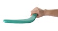 Woman holding turquoise boomerang on white, closeup