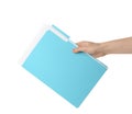Woman holding turquoise file with documents on white background, closeup