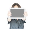 Woman holding up blank tablet computer