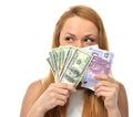 Woman holding up cash money five one fifty hundred euro in one h Royalty Free Stock Photo