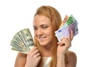 Woman holding up cash money five one fifty hundred euro in one h Royalty Free Stock Photo