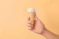 Woman holding waffle cone with tasty vanilla ice cream Royalty Free Stock Photo