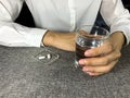 Woman holding water glass and pill put in the tray. The woman are taking emergency medicine, supplements or antibiotic