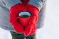 Woman holding winter cup close up Royalty Free Stock Photo