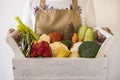 Woman holding wooden box full of fresh raw vegetables. Basket with assortment of carrots, cauliflower, zucchini, broccoli, corn, Royalty Free Stock Photo