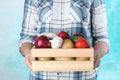 Woman holding wooden crate with vegetables on color background Royalty Free Stock Photo