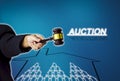 Woman holding a wooden hammer in a suit pointing out to the bidders, and a house icon on a blue background, With concept of sell