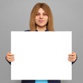 Woman holding 16 x 20 canvas blank copy space selling art photo enlargement 3D illustration