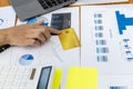 Woman holding yellow credit card on desk, credit card placed on financial documents, credit card to pay for goods and services Royalty Free Stock Photo