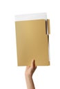 Woman holding yellow file with documents on white background, closeup