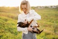 Woman holds in arms smooth-haired Russian Toy Terrier dog, taken from shelter, in nature at sunset. Pet breaks free and Royalty Free Stock Photo