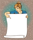 Woman holds blank white paper poster. Pop art comic retro style vector illustration. Put your own text template Royalty Free Stock Photo