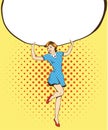 Woman holds blank white paper poster. Pop art comic retro style vector illustration. Put your own text template Royalty Free Stock Photo
