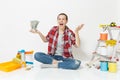 Woman holds bundle of cash money, supermarket grocery push cart for shopping. Instruments for renovation apartment