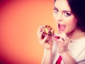 Woman holds cake in hand closeup Royalty Free Stock Photo