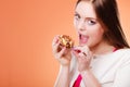 Woman holds cake in hand closeup Royalty Free Stock Photo