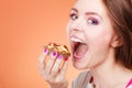 Woman holds cake in hand closeup Royalty Free Stock Photo