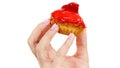 Woman holds cake strawberry cupcake in hand Royalty Free Stock Photo