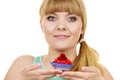 Woman holds cake strawberry cupcake Royalty Free Stock Photo