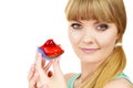 Woman holds cake strawberry cupcake Royalty Free Stock Photo