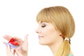 Woman holds cake strawberry cupcake Royalty Free Stock Photo