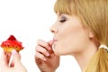 Woman holds cake strawberry cupcake Royalty Free Stock Photo