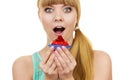 Woman holds cake strawberry cupcake Royalty Free Stock Photo