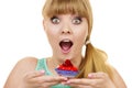 Woman holds cake strawberry cupcake Royalty Free Stock Photo