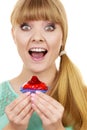 Woman holds cake strawberry cupcake Royalty Free Stock Photo