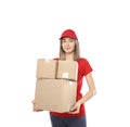 Woman holds cardboard boxes in hands, isolated on white background